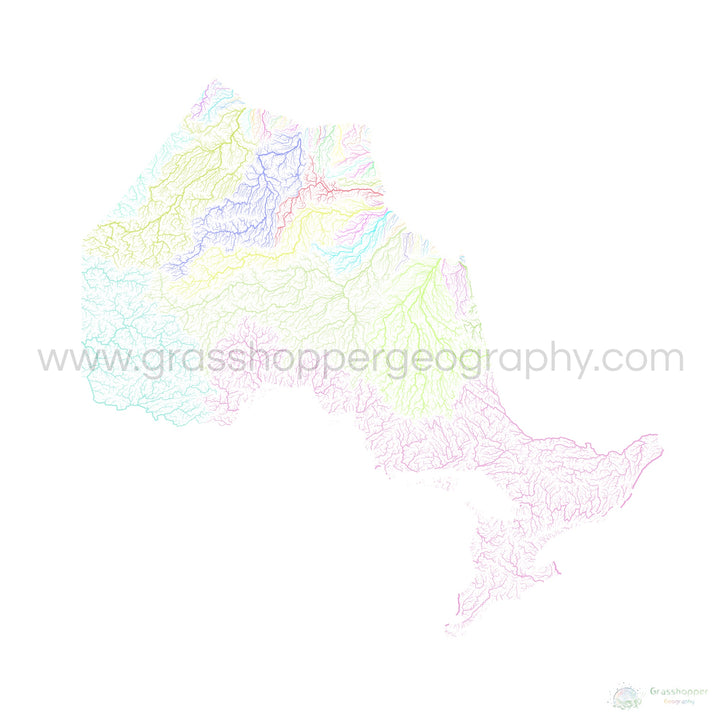 Ontário - Mapa da bacia hidrográfica, pastel sobre branco - Impressão de belas artes