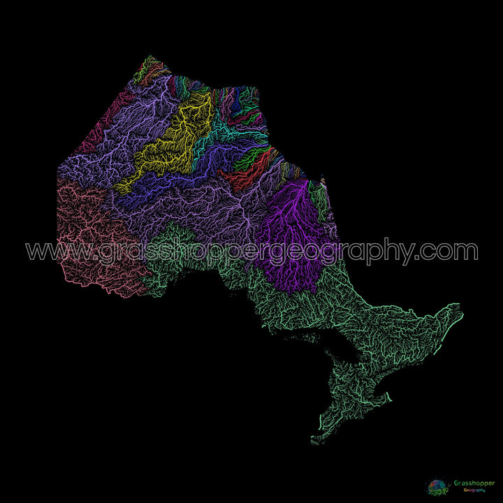 Ontario - Mapa de la cuenca fluvial, arco iris sobre negro - Impresión de bellas artes