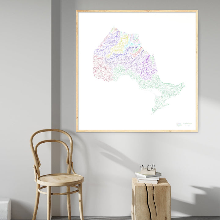 Ontario - Carte du bassin fluvial, arc-en-ciel sur blanc - Fine Art Print