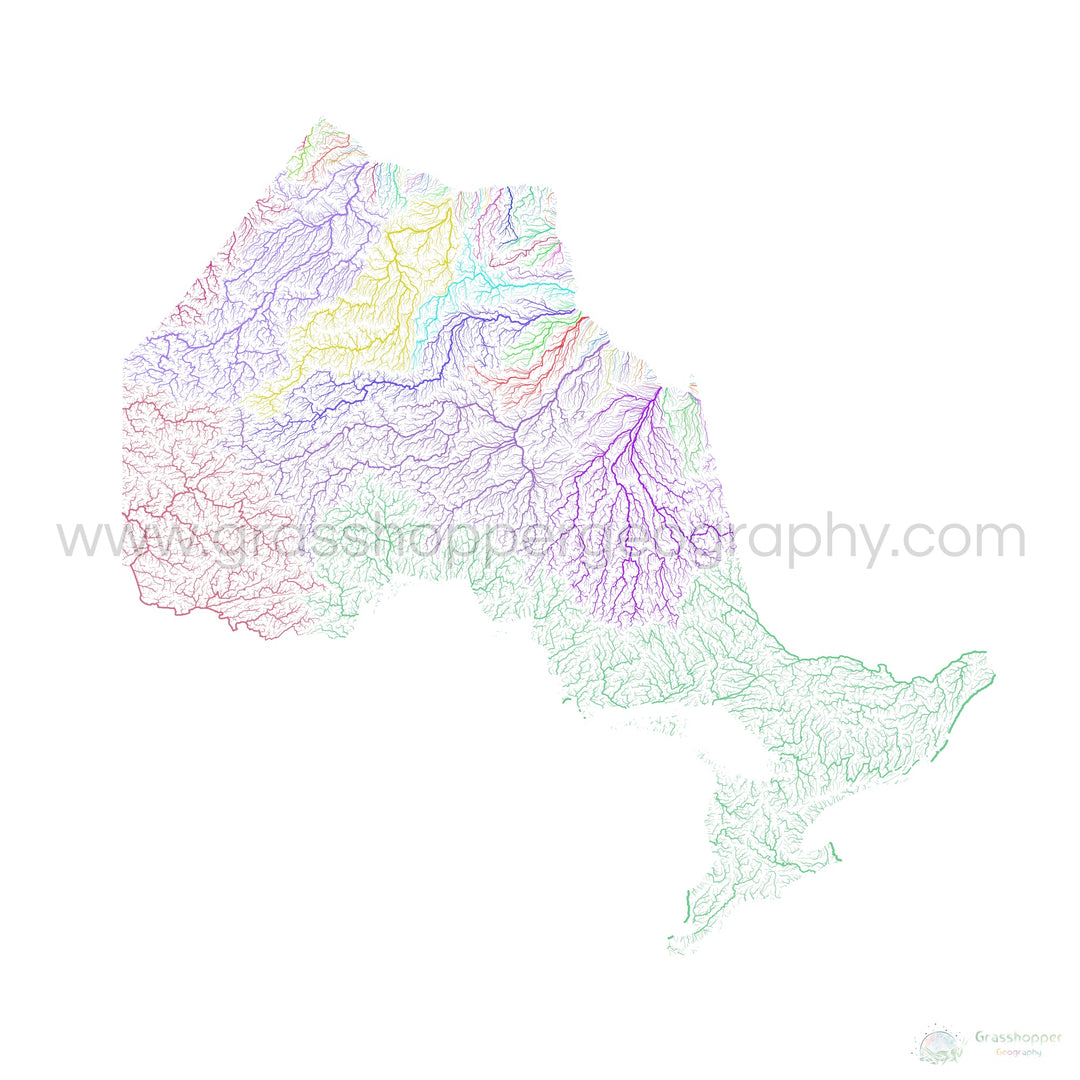 Ontario - Carte du bassin fluvial, arc-en-ciel sur blanc - Fine Art Print