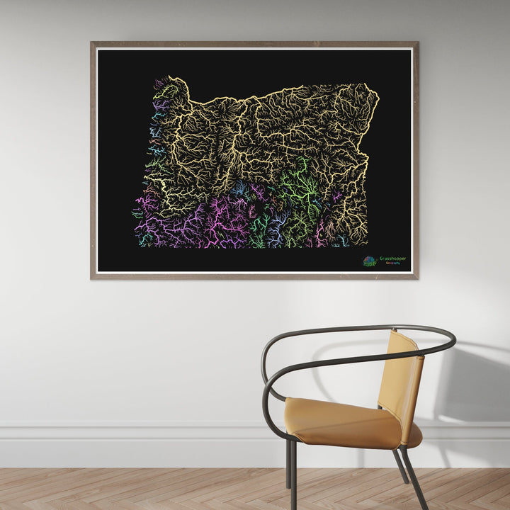 Oregon - River basin map, pastel on black - Fine Art Print