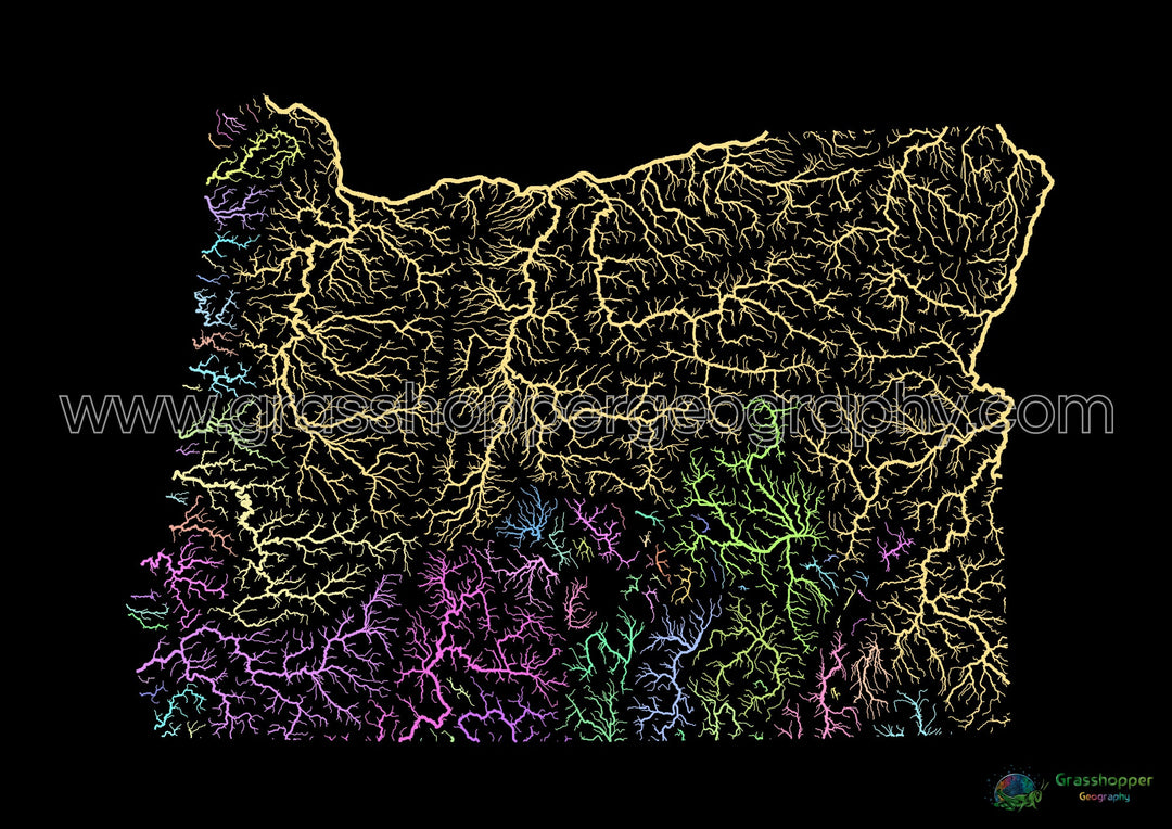 River basin map of Oregon, pastel colours on black - Fine Art Print