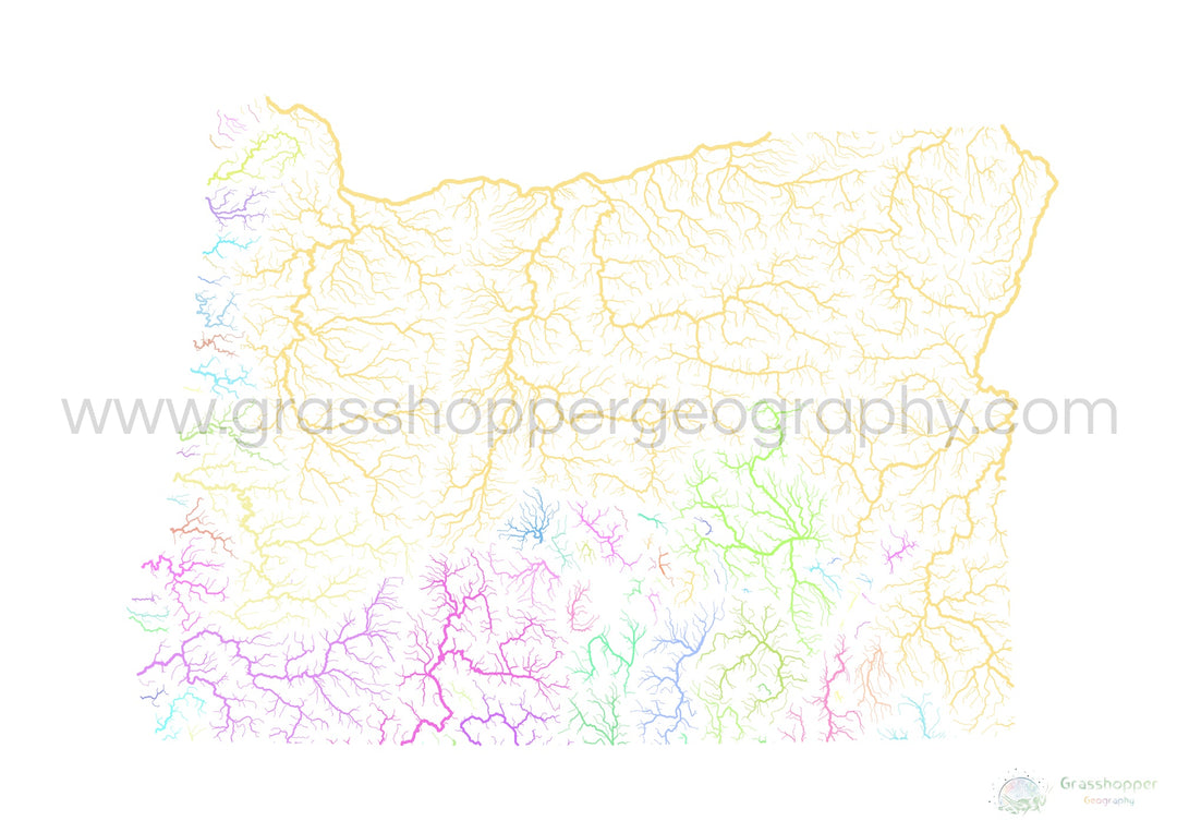 Oregon - Carte du bassin fluvial, pastel sur blanc - Fine Art Print