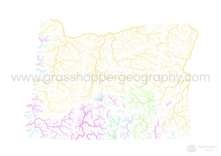 Oregón - Mapa de la cuenca fluvial, pastel sobre blanco - Impresión de bellas artes