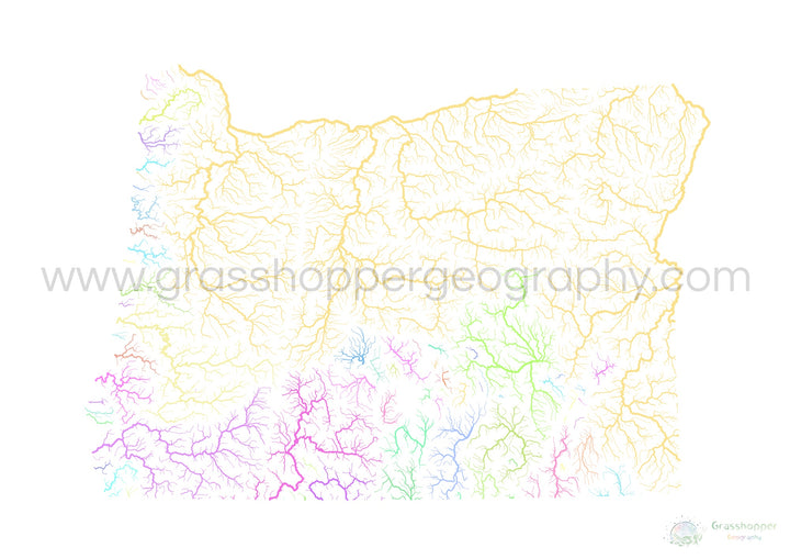 Oregon - Carte du bassin fluvial, pastel sur blanc - Fine Art Print