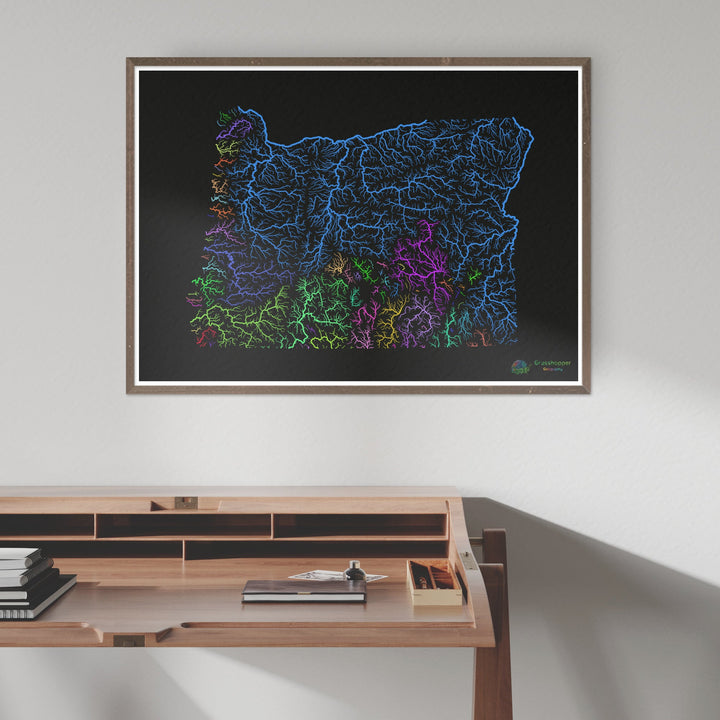 Oregon - Carte du bassin fluvial, arc-en-ciel sur noir - Fine Art Print