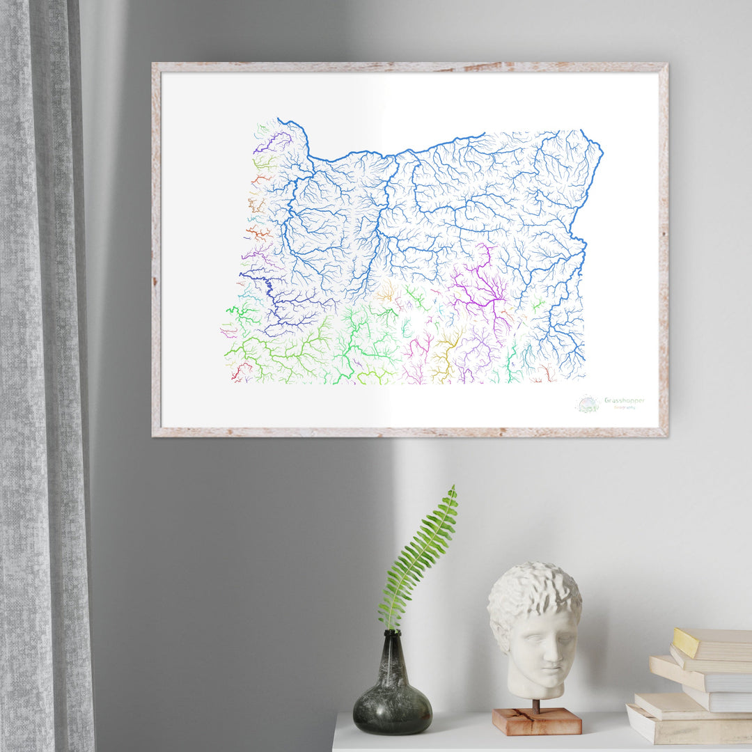 Oregon - Carte du bassin fluvial, arc-en-ciel sur blanc - Fine Art Print