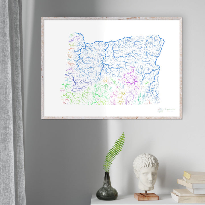 Oregon - River basin map, rainbow on white - Fine Art Print