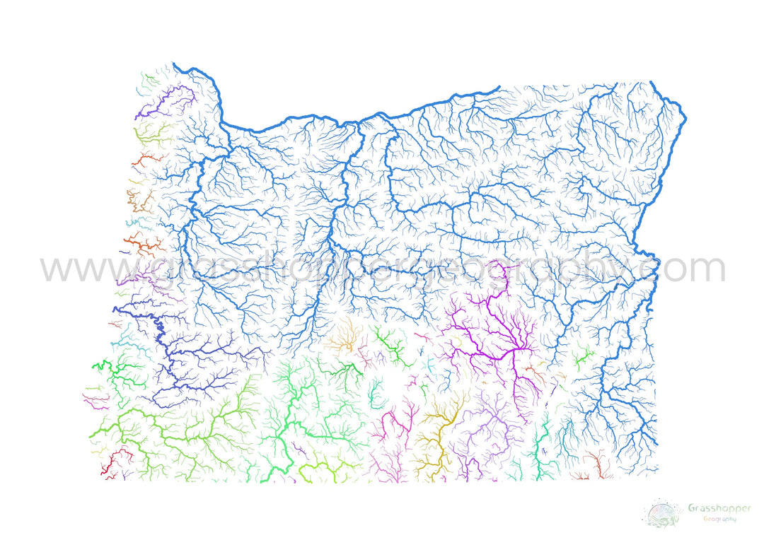 Oregon - River basin map, rainbow on white - Fine Art Print