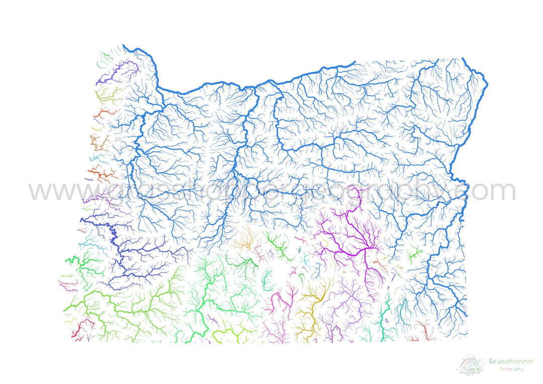 Oregon - Carte du bassin fluvial, arc-en-ciel sur blanc - Fine Art Print