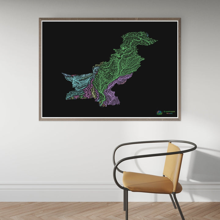 Pakistan - River basin map, pastel on black - Fine Art Print