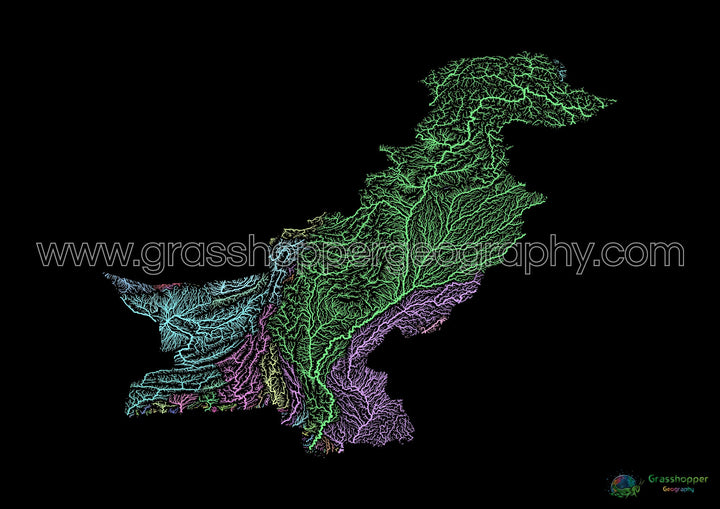 River basin map of Pakistan, pastel colours on black - Fine Art Print