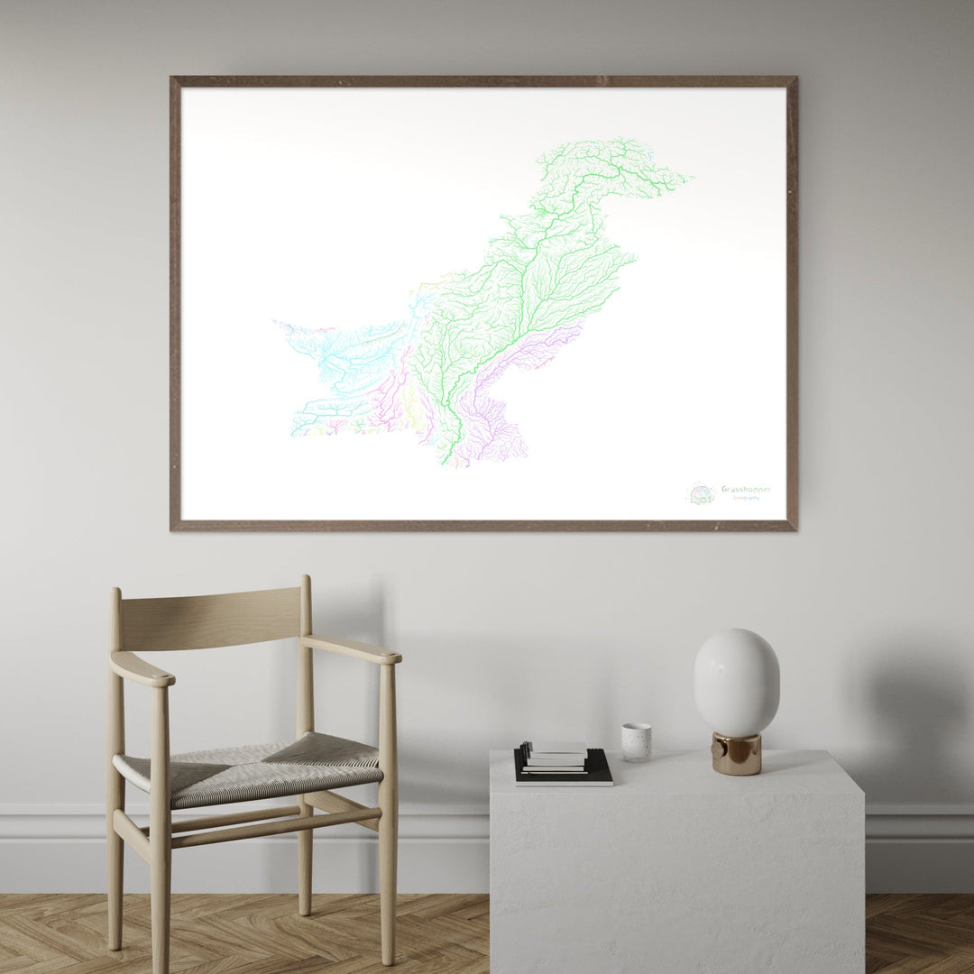Pakistan - River basin map, pastel on white - Fine Art Print