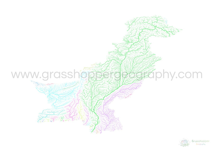 Pakistán - Mapa de la cuenca fluvial, pastel sobre blanco - Impresión de bellas artes