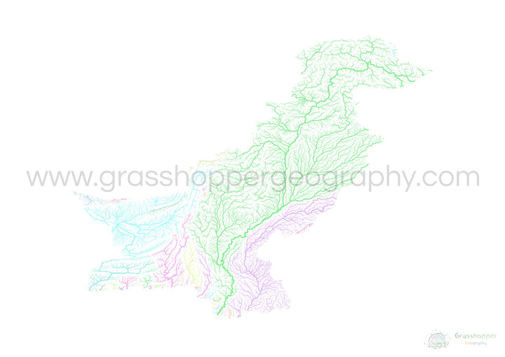 Pakistan - River basin map, pastel on white - Fine Art Print