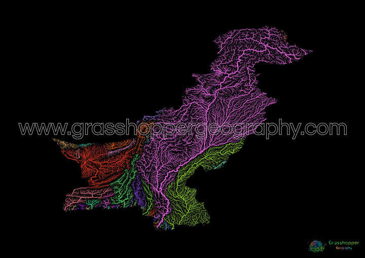 Pakistan - River basin map, rainbow on black - Fine Art Print