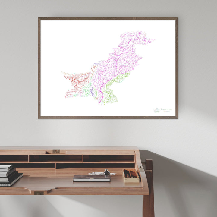 River basin map of Pakistan, rainbow colours on white Fine Art Print