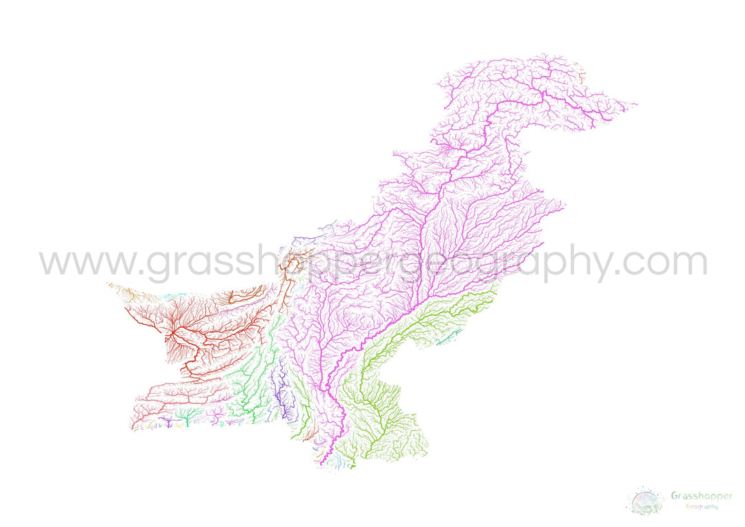 Pakistan - River basin map, rainbow on white - Fine Art Print