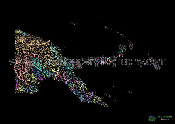 River basin map of Papua New Guinea, pastel colours on black - Fine Art Print