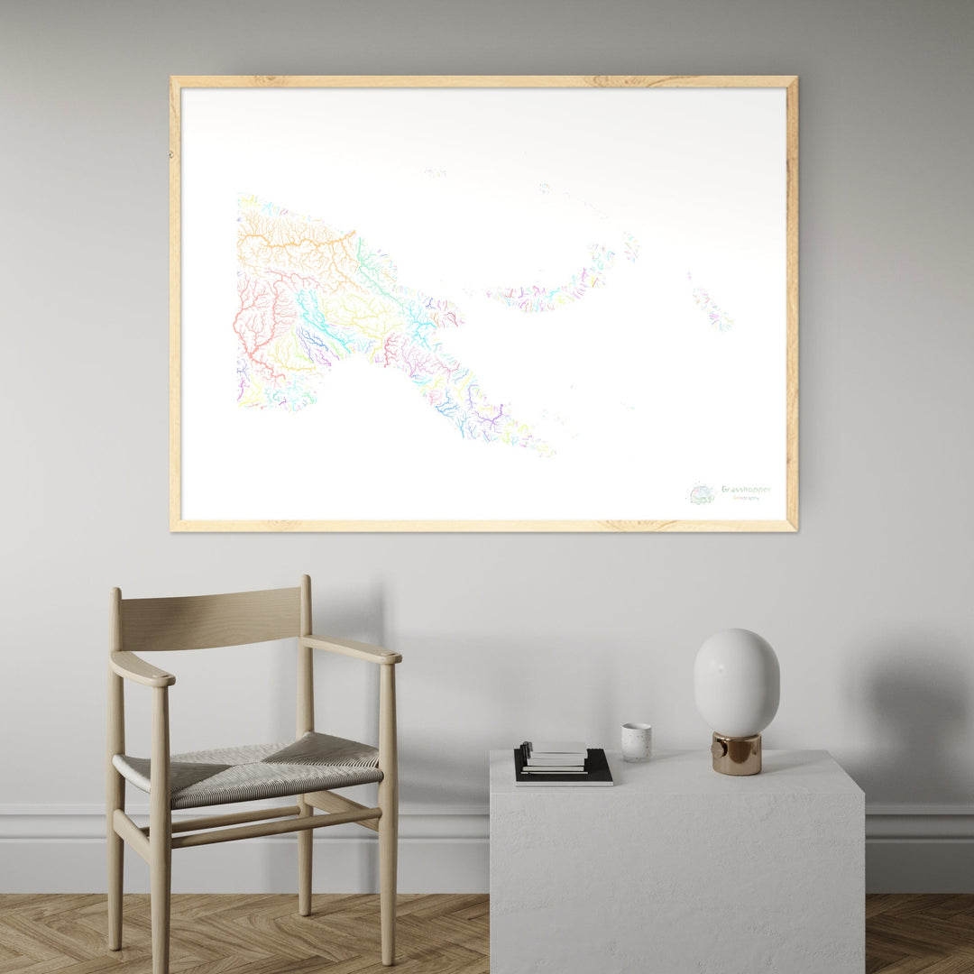 Papúa Nueva Guinea - Mapa de la cuenca fluvial, pastel sobre blanco - Impresión de Bellas Artes