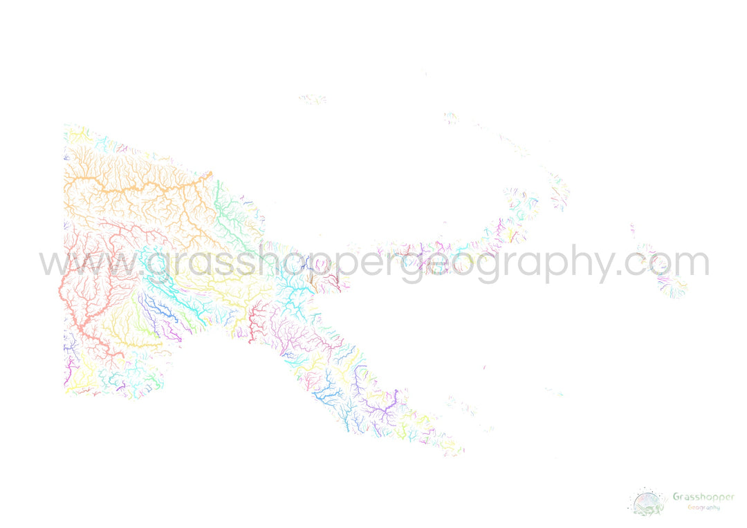 Papouasie-Nouvelle-Guinée - Carte des bassins fluviaux, pastel sur blanc - Fine Art Print