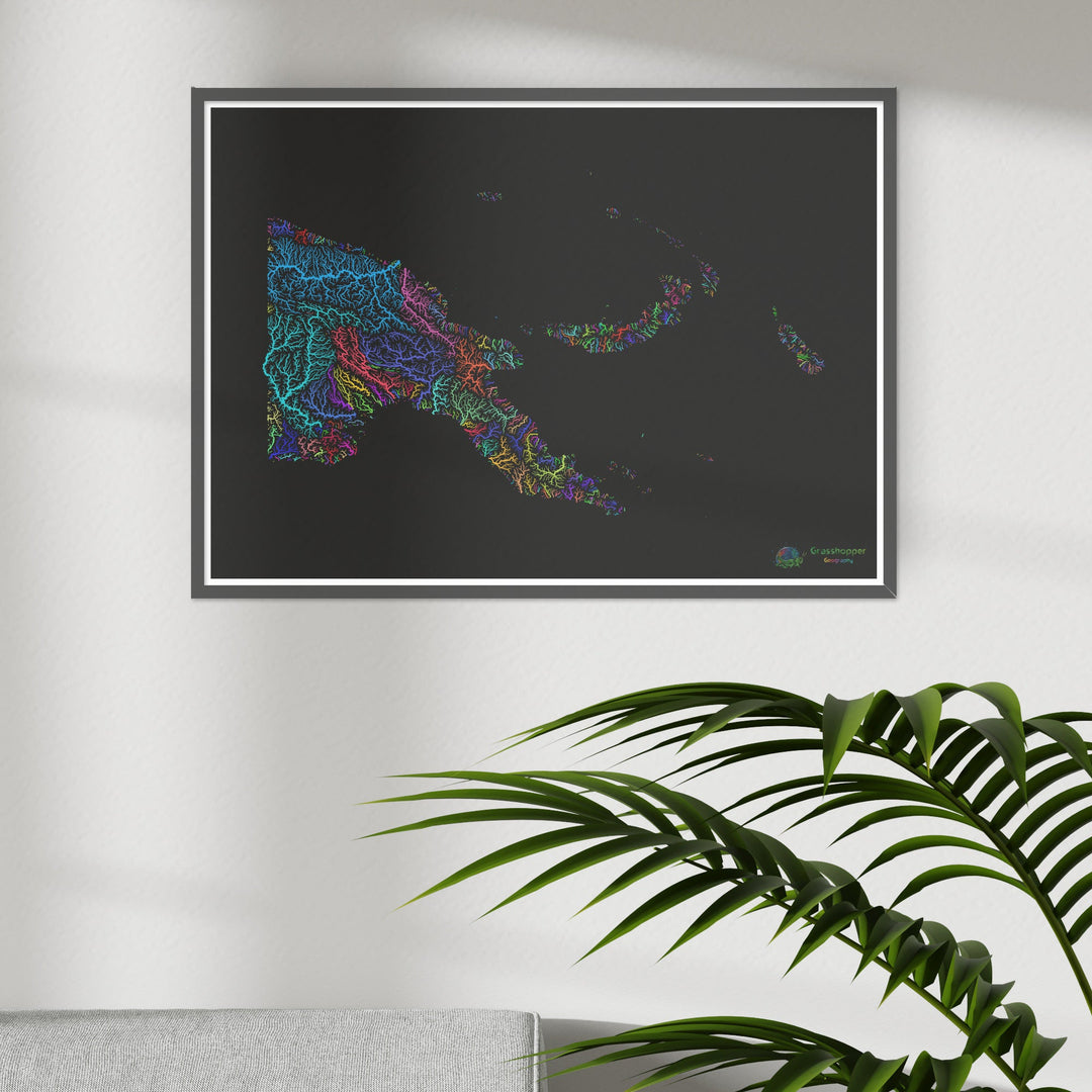 Papúa Nueva Guinea - Mapa de la cuenca fluvial, arco iris sobre negro - Impresión de Bellas Artes
