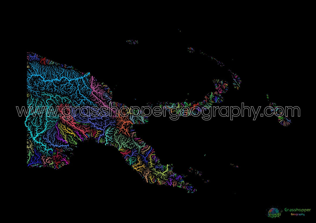 River basin map of Papua New Guinea, rainbow colours on black - Fine Art Print