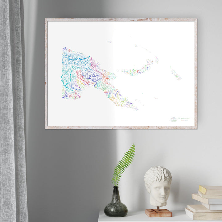 River basin map of Papua New Guinea, rainbow colours on white Fine Art Print
