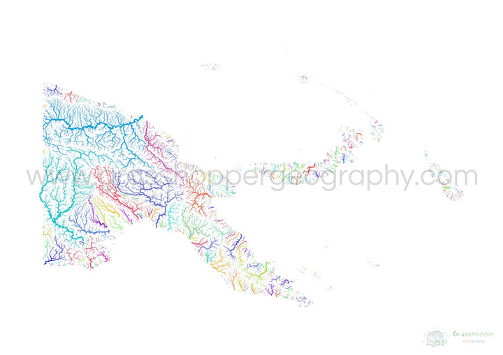 Papua New Guinea - River basin map, rainbow on white - Fine Art Print