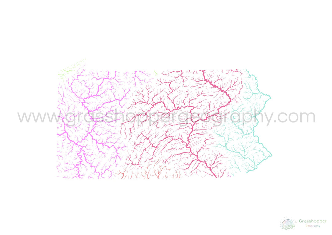 Pennsylvanie - Carte du bassin fluvial, pastel sur blanc - Fine Art Print