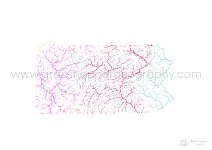 Pennsylvanie - Carte du bassin fluvial, pastel sur blanc - Fine Art Print