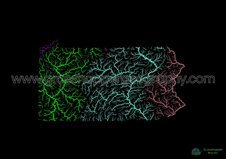 Pennsylvanie - Carte du bassin fluvial, arc-en-ciel sur noir - Fine Art Print