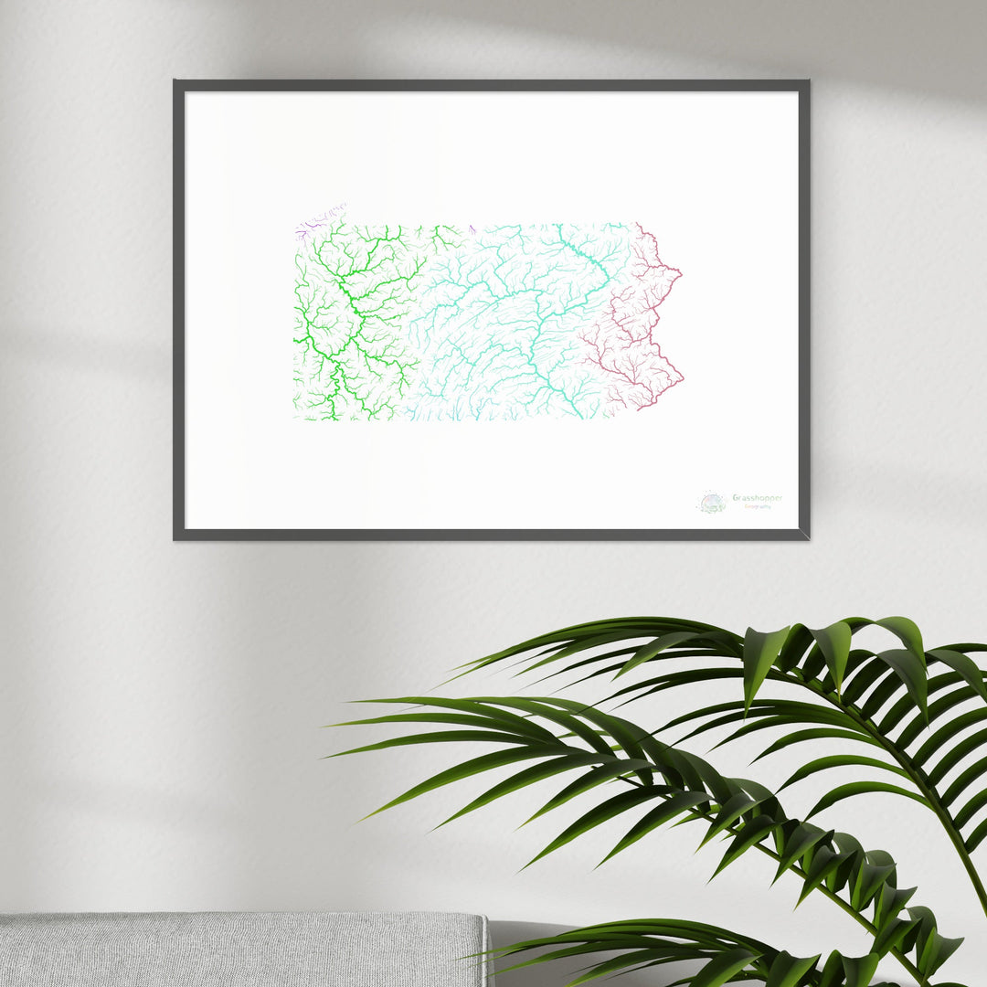 Pennsylvania - River basin map, rainbow on white - Fine Art Print