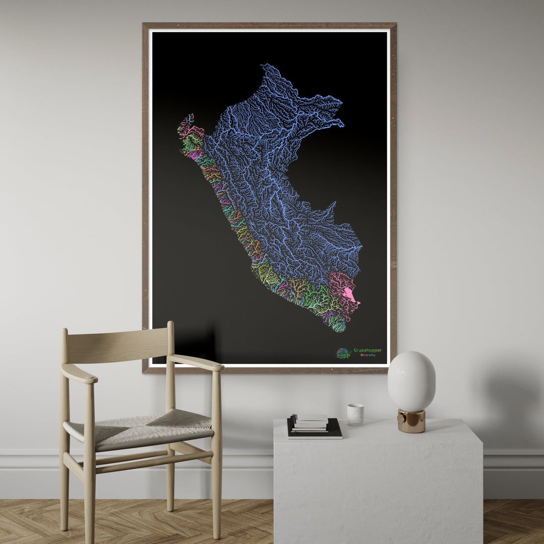 Pérou - Carte des bassins fluviaux, pastel sur noir - Fine Art Print