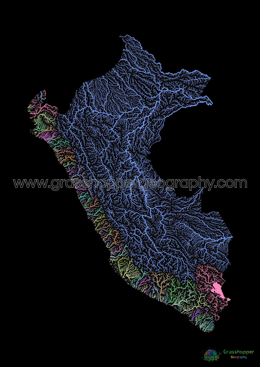 Pérou - Carte des bassins fluviaux, pastel sur noir - Fine Art Print