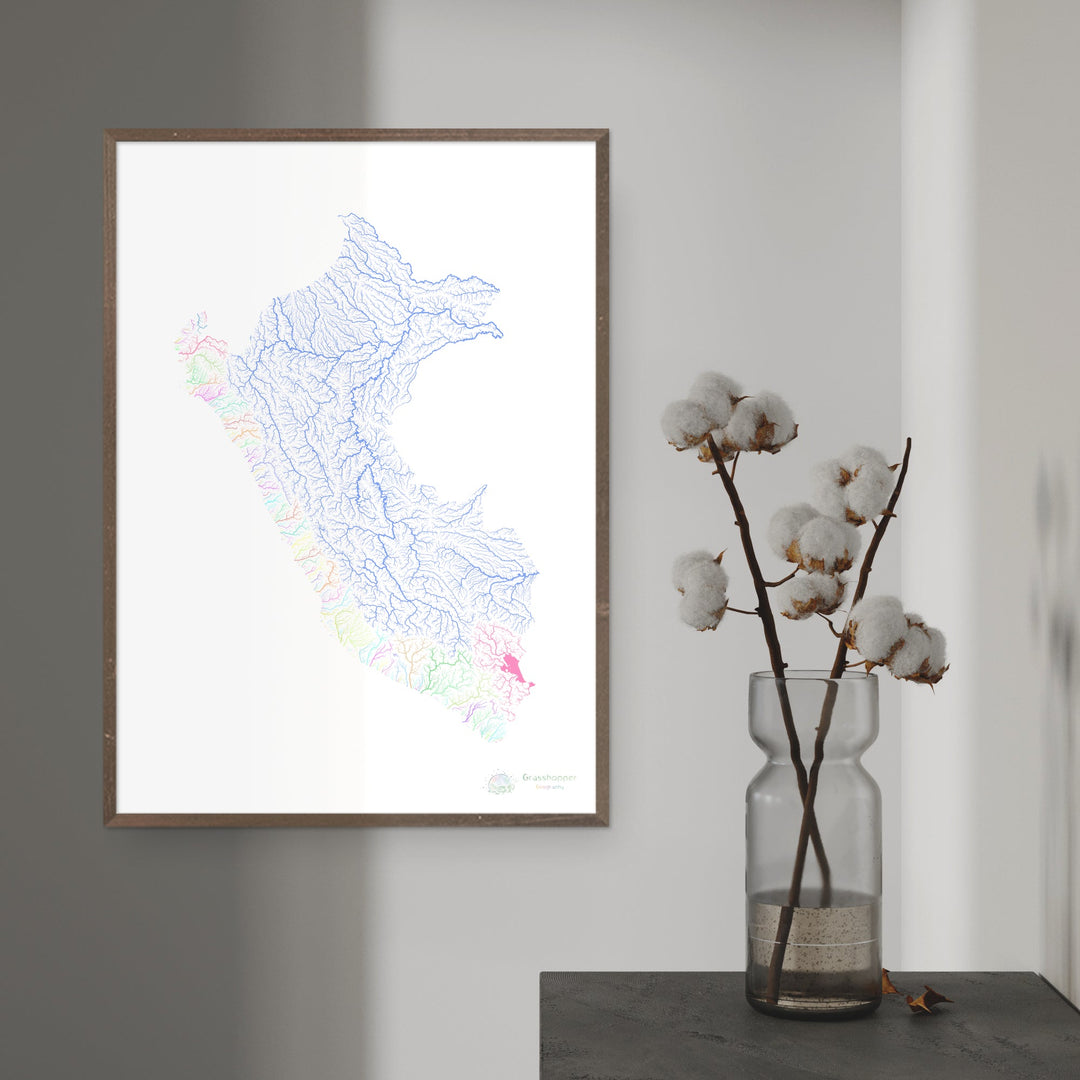 Perú - Mapa de cuencas hidrográficas, pastel sobre blanco - Impresión de Bellas Artes