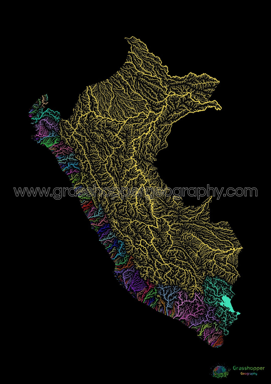 Perú - Mapa de cuencas fluviales, arcoíris sobre negro - Impresión de Bellas Artes