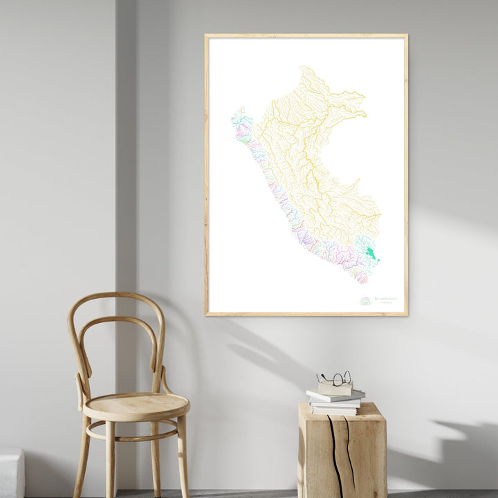 Peru - River basin map, rainbow on white - Fine Art Print