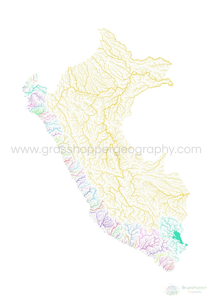 Perú - Mapa de cuencas fluviales, arco iris sobre blanco - Impresión de Bellas Artes