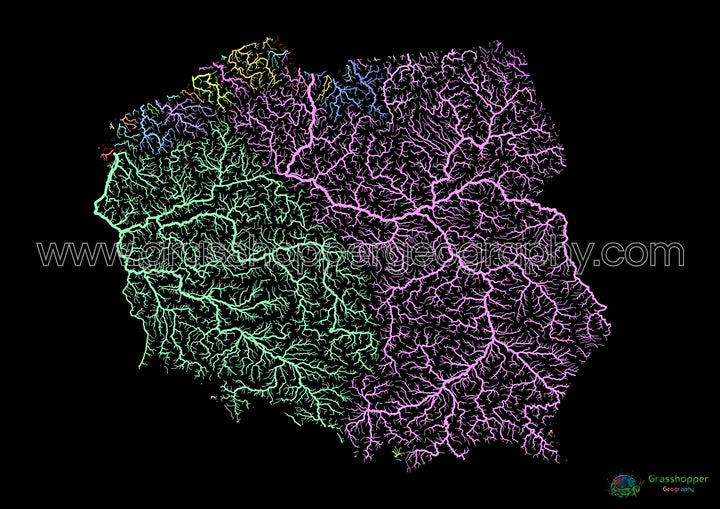 Polonia - Mapa de la cuenca fluvial, pastel sobre negro - Impresión de bellas artes