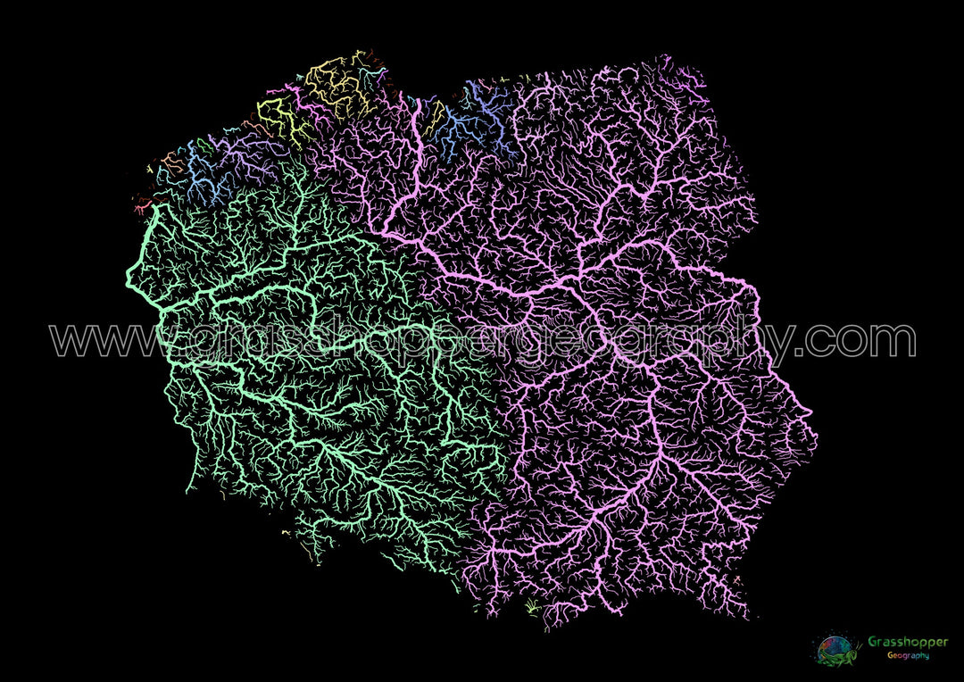 Pologne - Carte des bassins fluviaux, pastel sur noir - Fine Art Print