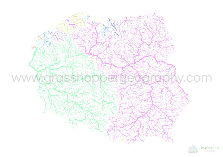 Polônia - Mapa da bacia hidrográfica, pastel sobre branco - Impressão de belas artes