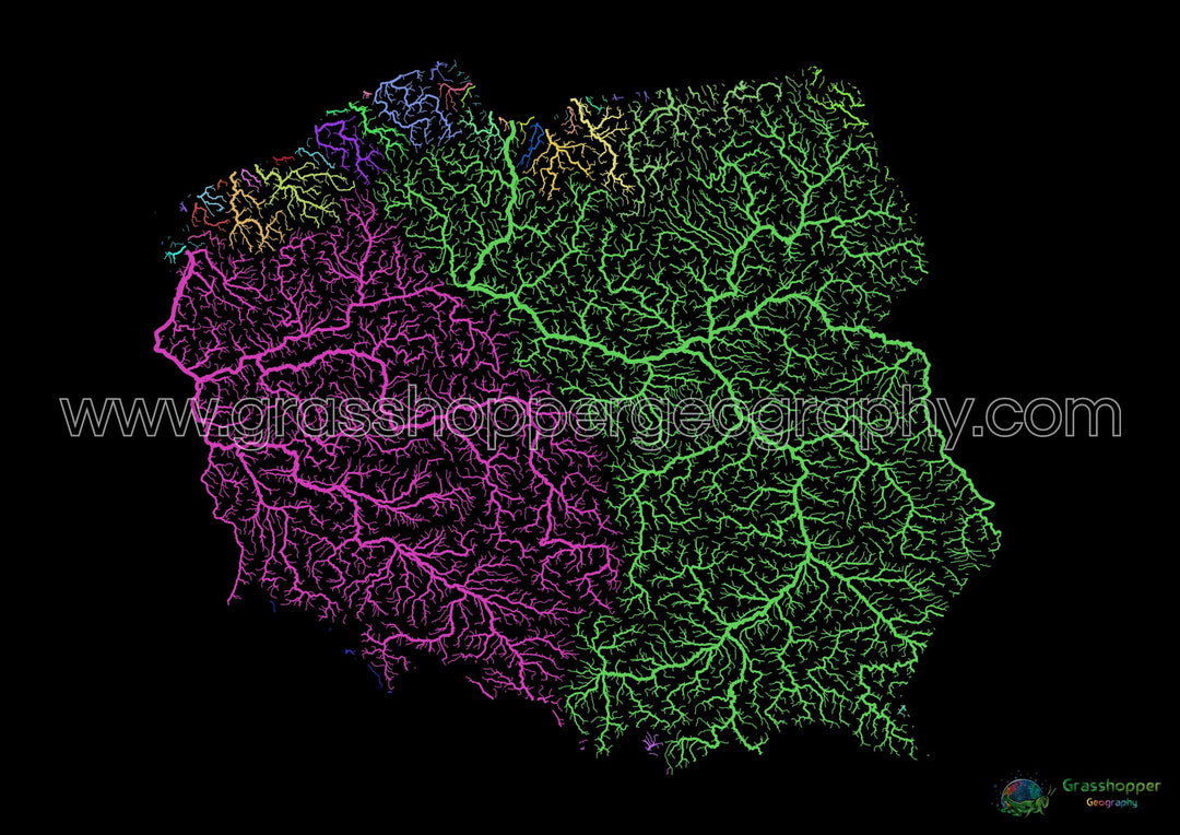 Poland - River basin map, rainbow on black - Fine Art Print