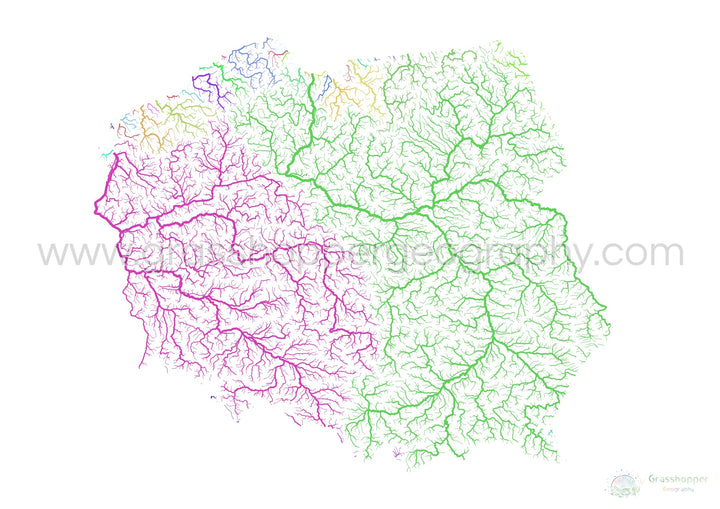Poland - River basin map, rainbow on white - Fine Art Print