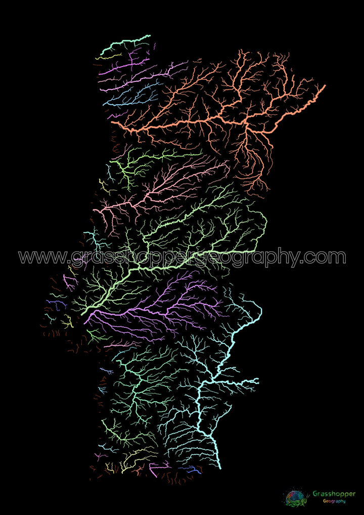 River basin map of Portugal, pastel colours on black - Fine Art Print