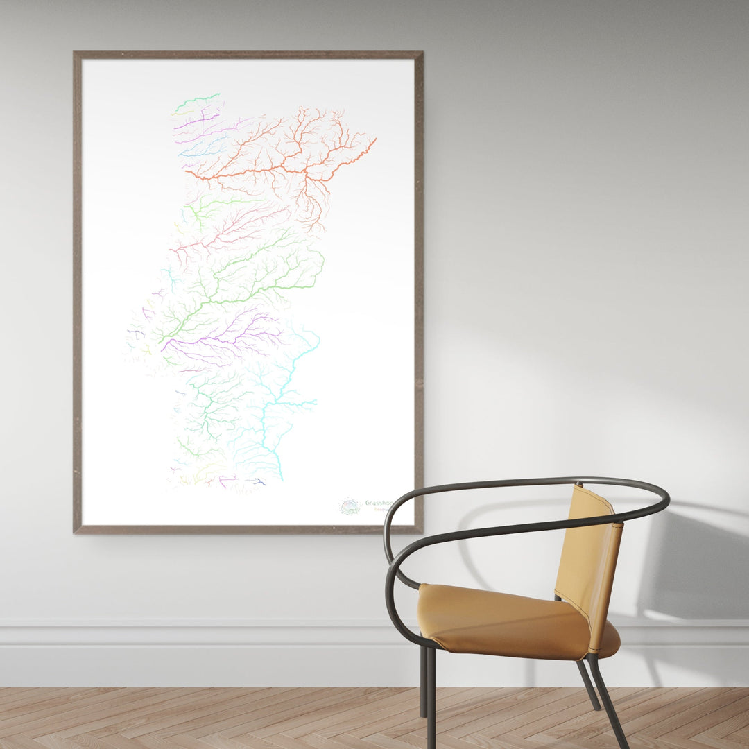 Portugal - Mapa de la cuenca fluvial, pastel sobre blanco - Impresión de Bellas Artes