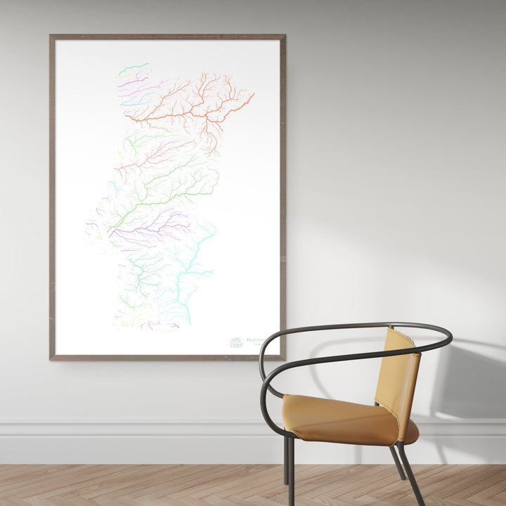 Portugal - Carte des bassins fluviaux, pastel sur blanc - Fine Art Print