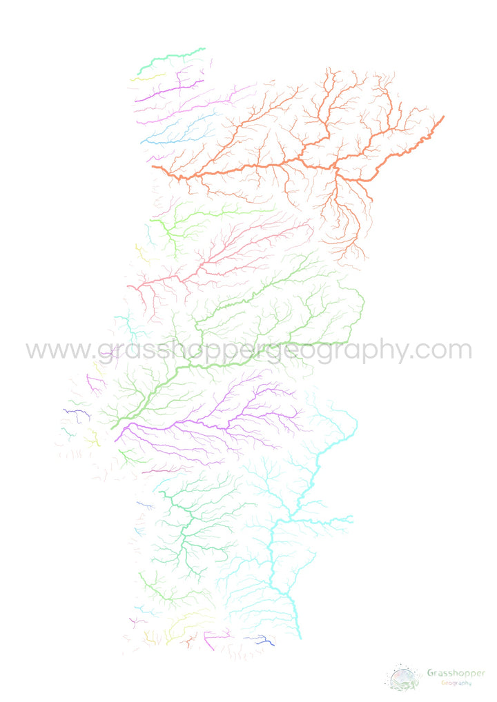 River basin map of Portugal, pastel colours on white - Fine Art Print