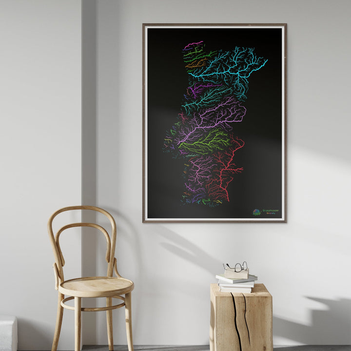 Portugal - River basin map, rainbow on black - Fine Art Print
