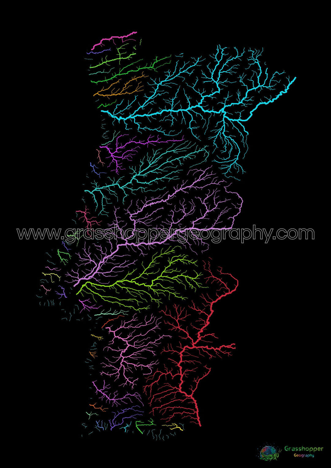 River basin map of Portugal, rainbow colours on black - Fine Art Print